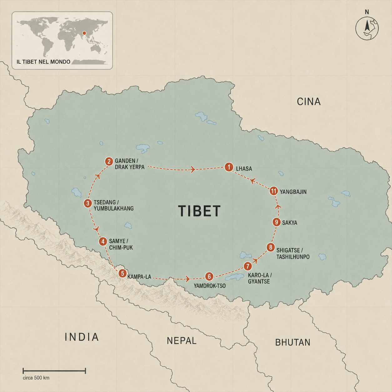 Mappa dell’itinerario BETHEWAY attraverso il Tibet