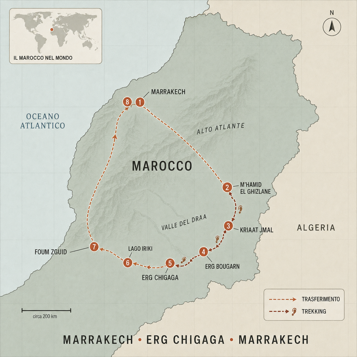 Mappa dell’itinerario BETHEWAY da Marrakech all’Erg Chigaga e ritorno