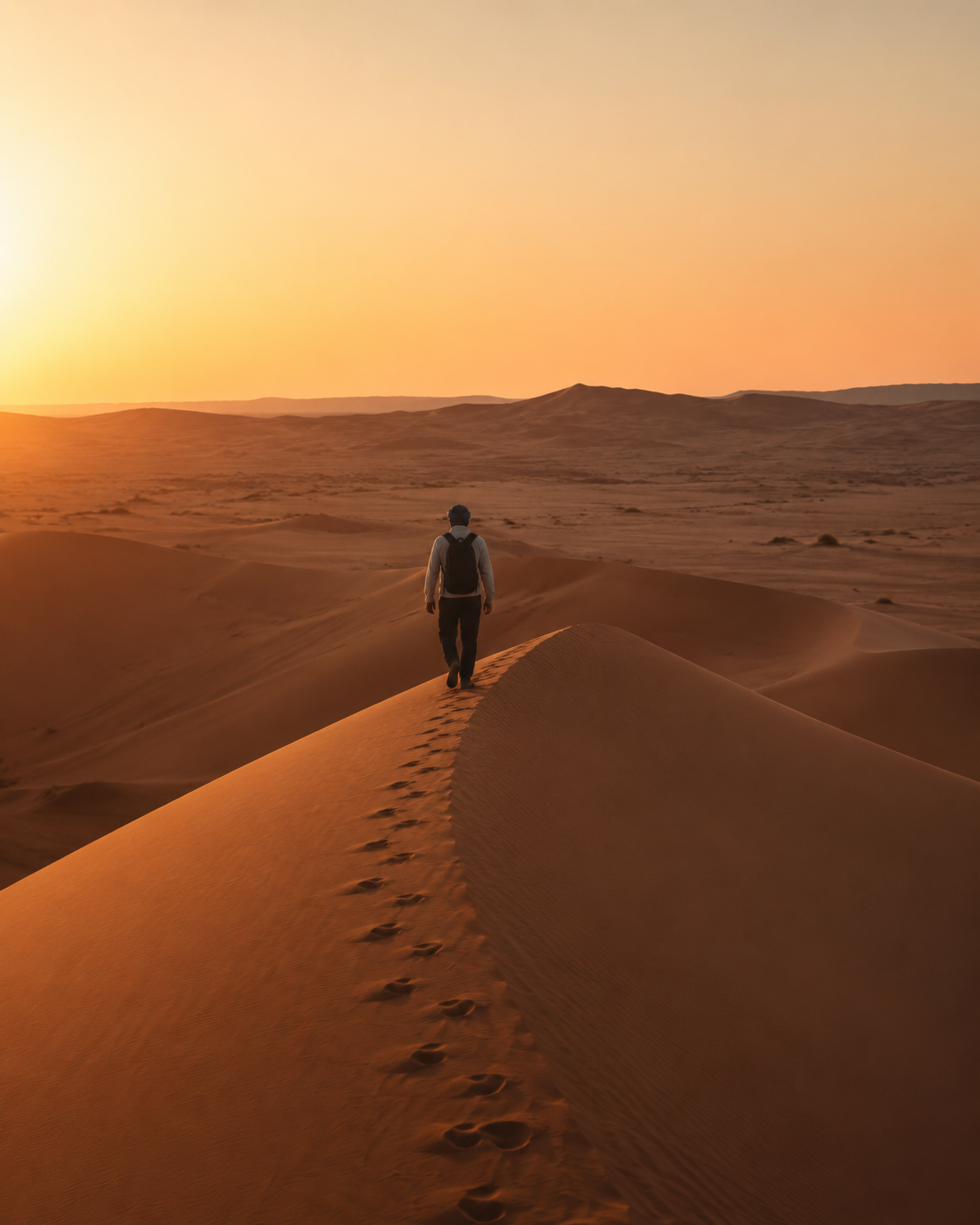 Figura in contemplazione davanti alle dune al tramonto