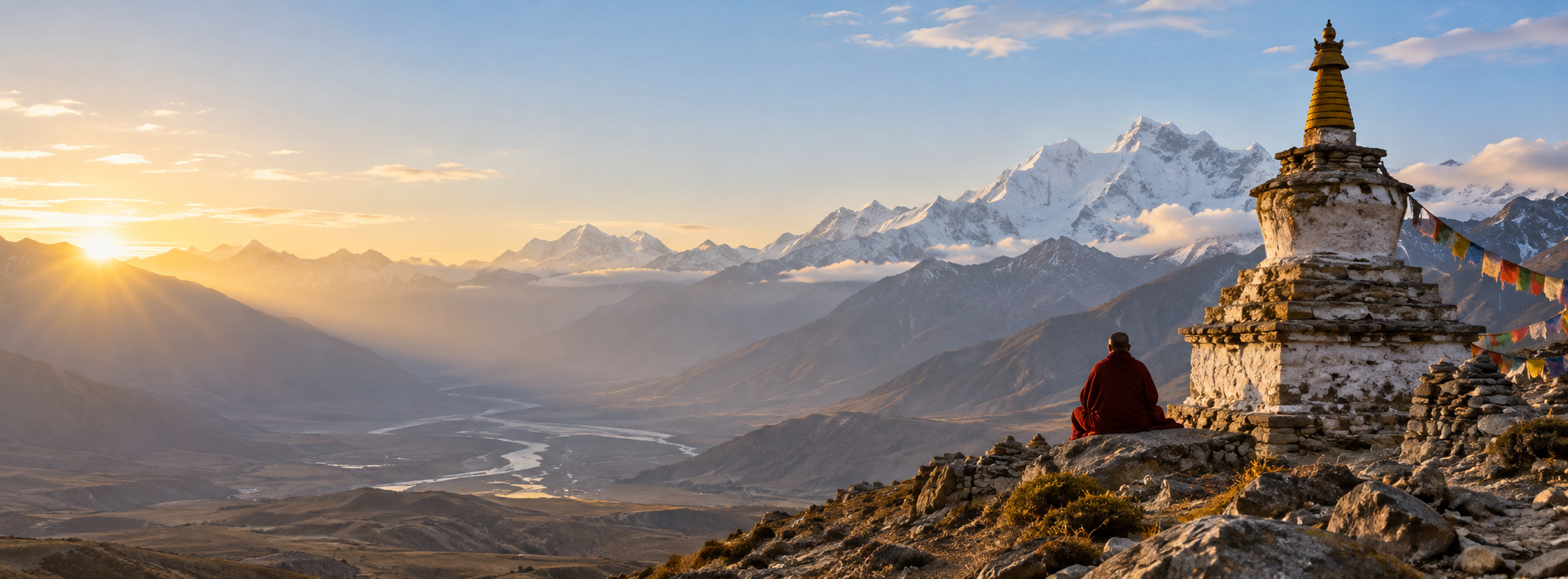 Montagne del Tibet, stupa e monaco in contemplazione