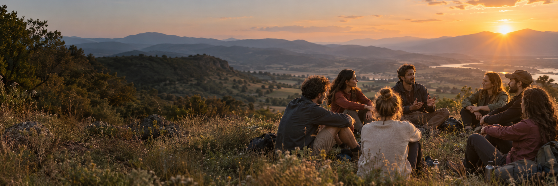 Piccolo gruppo di viaggiatori riunito nella natura al tramonto