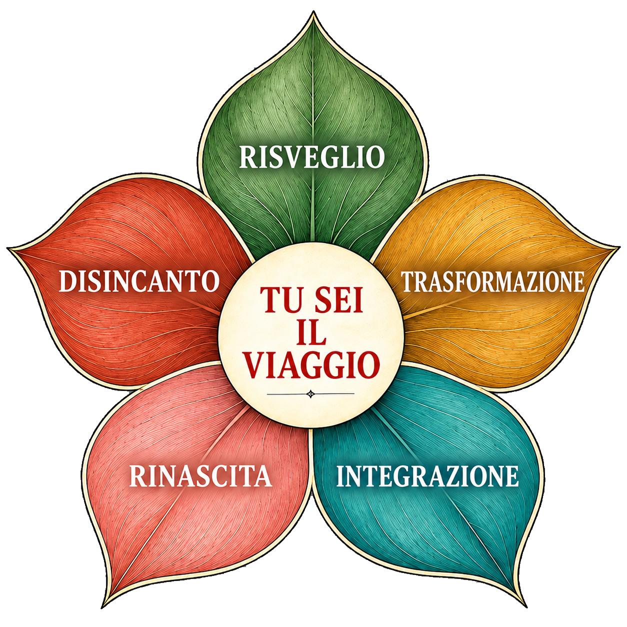 Le cinque fasi del viaggio BETHEWAY: risveglio, disincanto, trasformazione, rinascita e integrazione